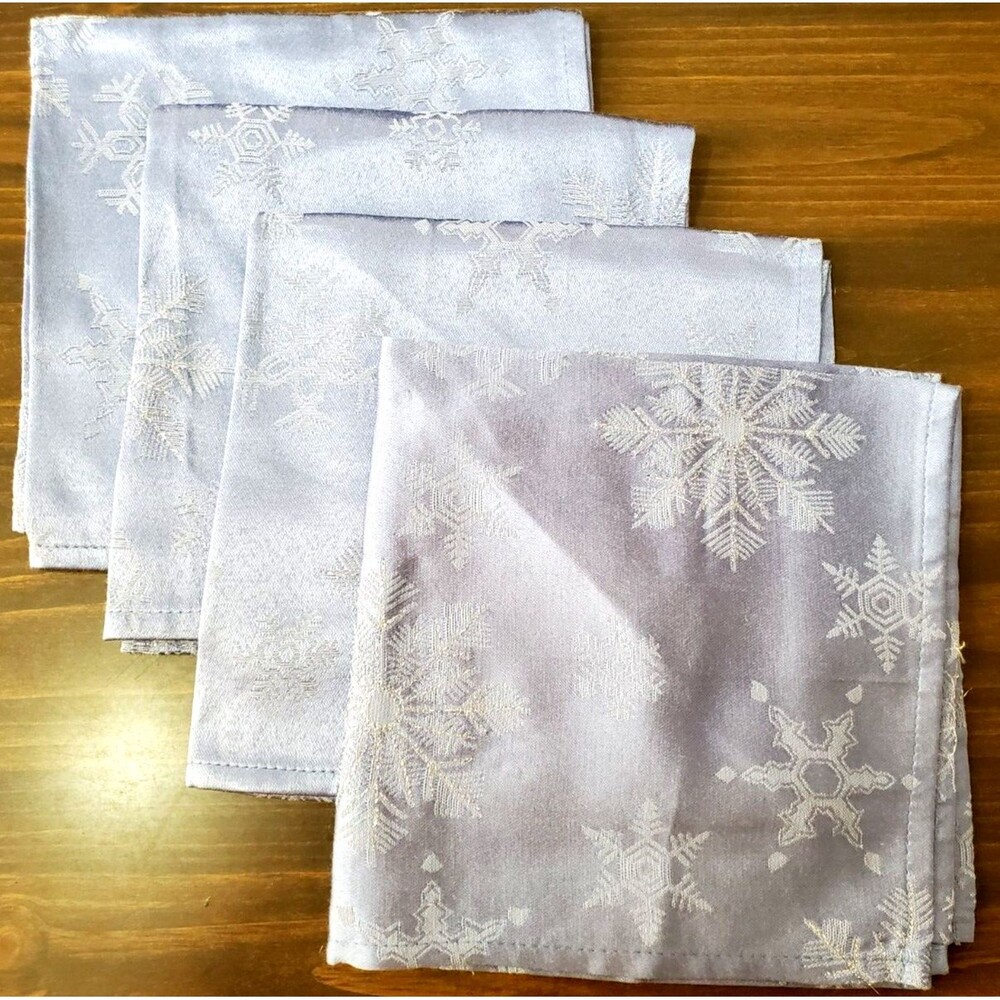 Linens & Things Napkins 4 Blue Snowflake Jaquard Silver Thread 18" Square Hemmed